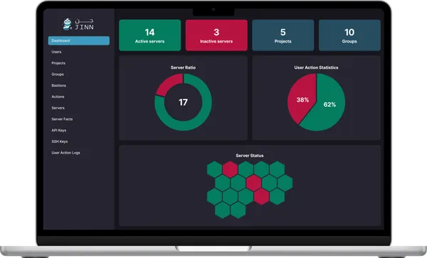 Jinn server security dashboard showing vulnerability scanning results